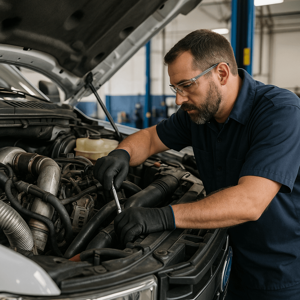 man working on diesel repairs on a truck